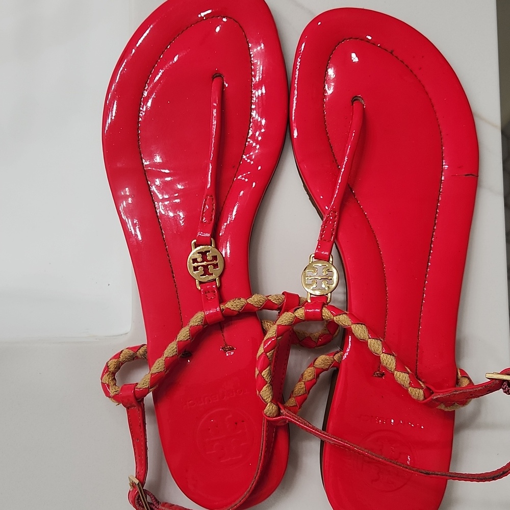 Tory Burch Bright Red Braided Thong Sandals with Gold Logo - Picture 6 of 12